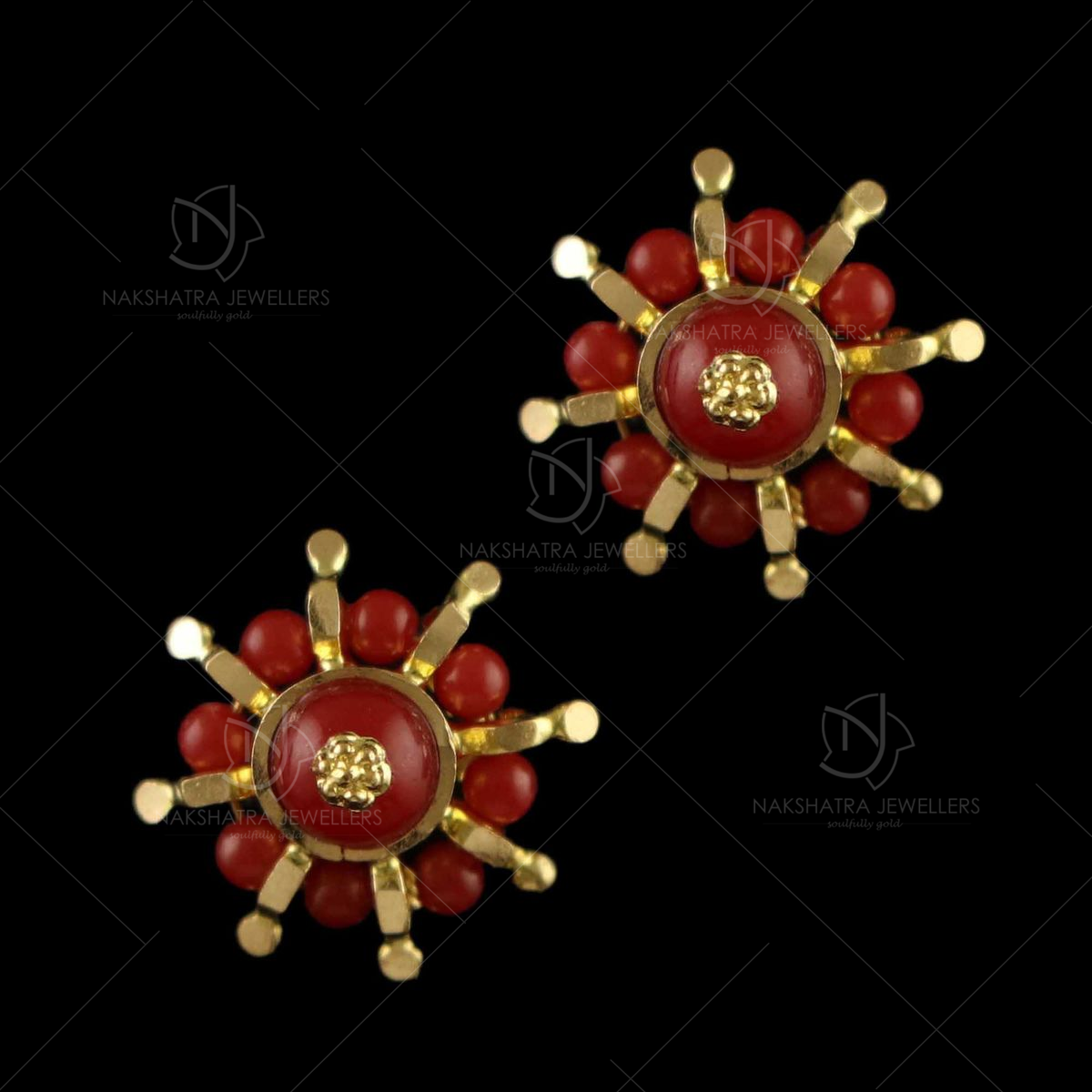 18K Yellow Gold Coral Heart Stud Earrings - Ruby Lane