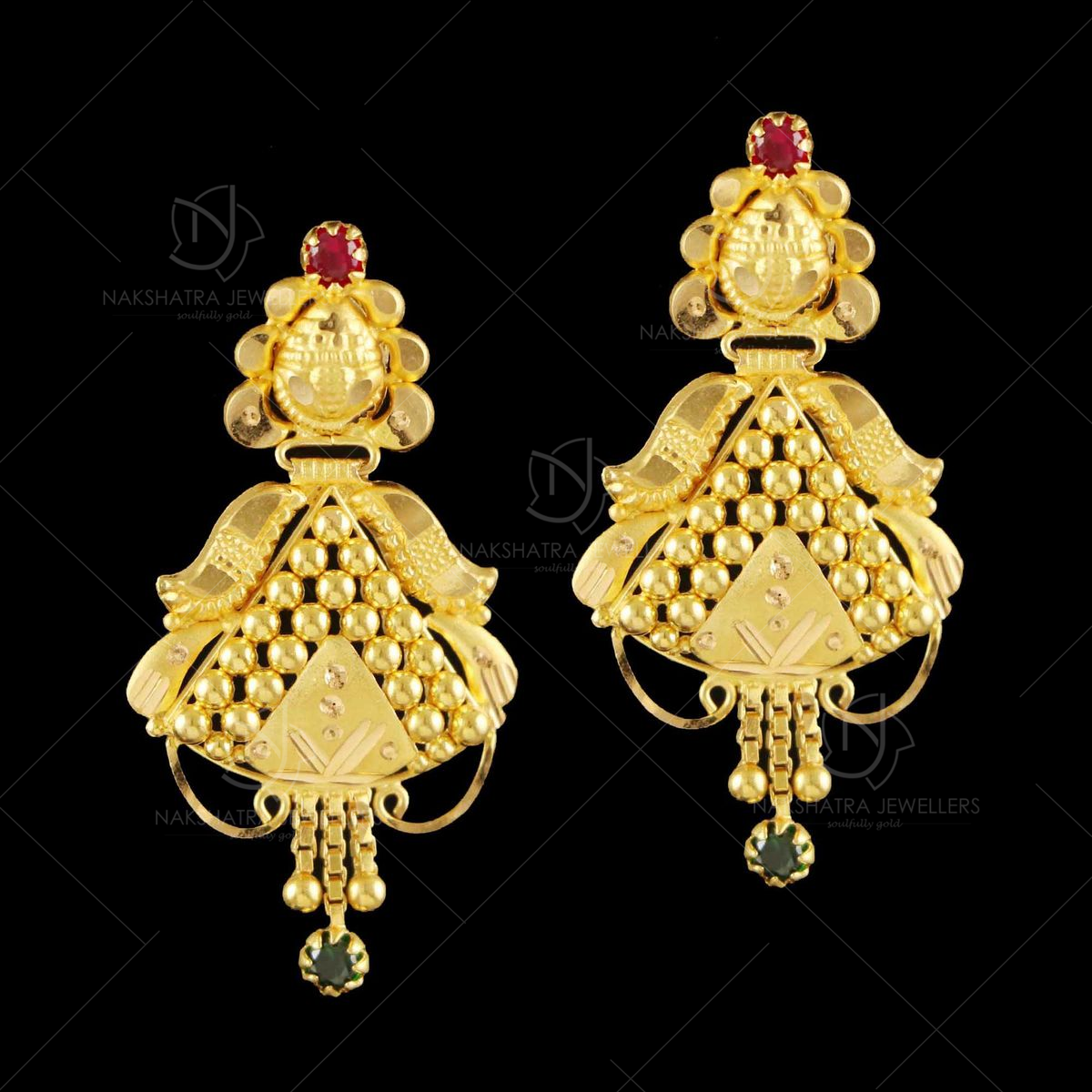 Kerala Traditional Gold Plated Studs With Hanging Beads Earrings ER1401