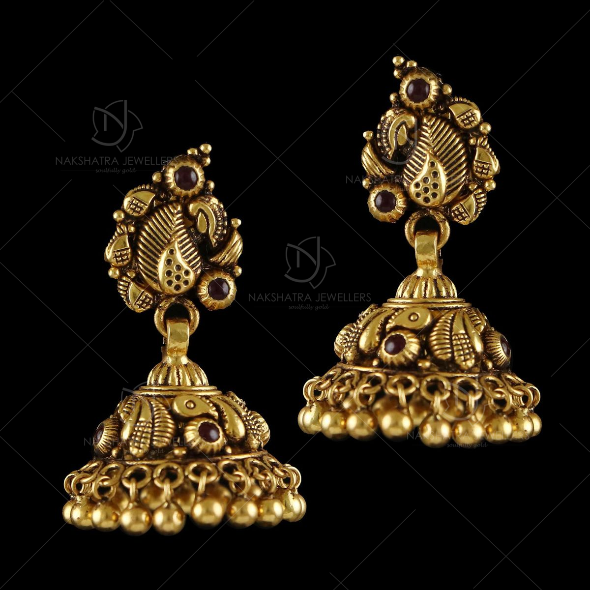 Small Antique Gold Plated Matte Floral Ruby Jhumka Online|Kollam Supreme